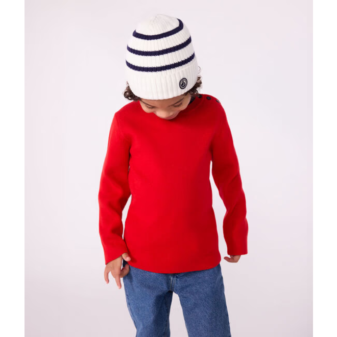 Children's stripy knitted beanie hat lined in polar fleece