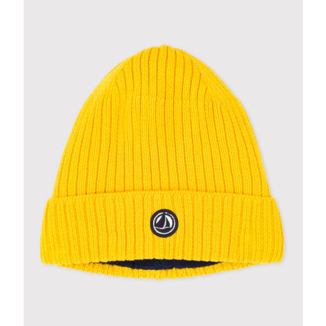 Children's knitted beanie hat lined in polar fleece Yellow