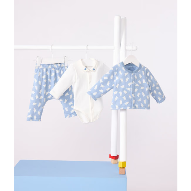 Babies' three-piece bear print set, including a body with an embroidered collar