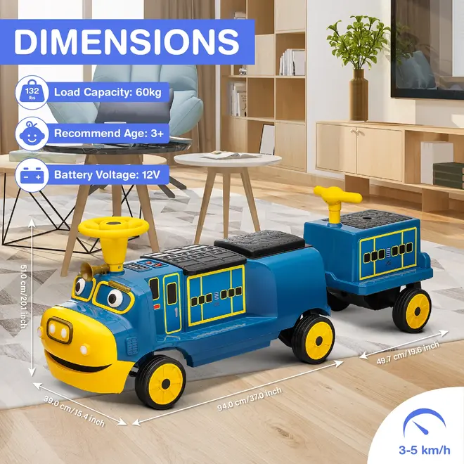 Officially Licensed Chuggington® Electric Ride-On Train with Whistle, Music Player & Parent Seat – 12V, Red or Blue, Detachable Carriage