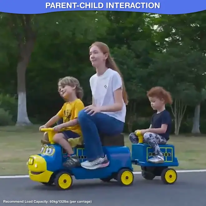 Officially Licensed Chuggington® Electric Ride-On Train with Whistle, Music Player & Parent Seat – 12V, Red or Blue, Detachable Carriage