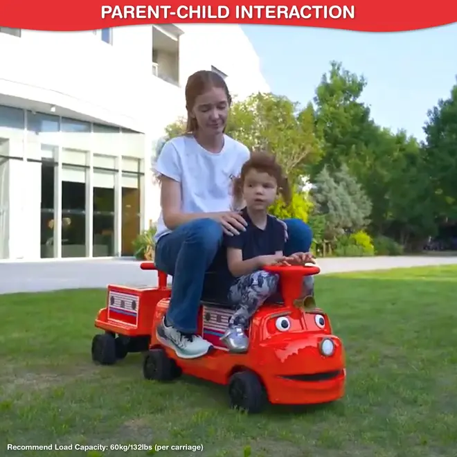 Officially Licensed Chuggington® Electric Ride-On Train with Whistle, Music Player & Parent Seat – 12V, Red or Blue, Detachable Carriage