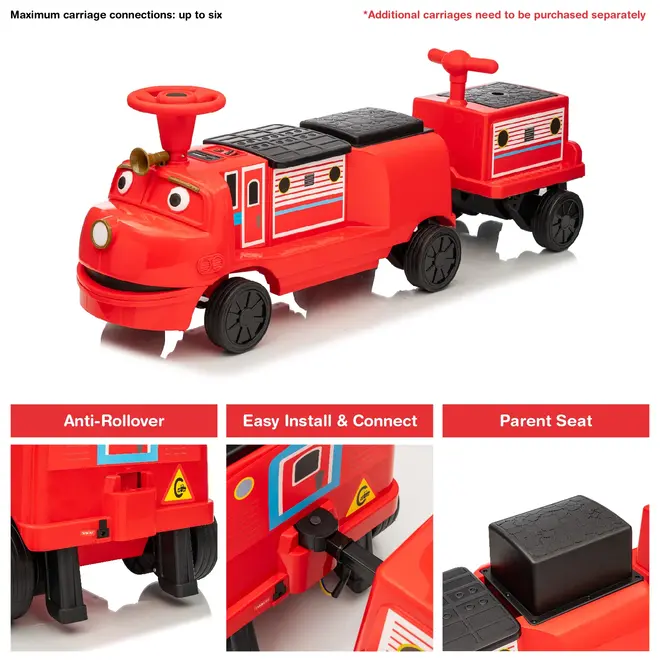 Officially Licensed Chuggington® Electric Ride-On Train with Whistle, Music Player & Parent Seat – 12V, Red or Blue, Detachable Carriage