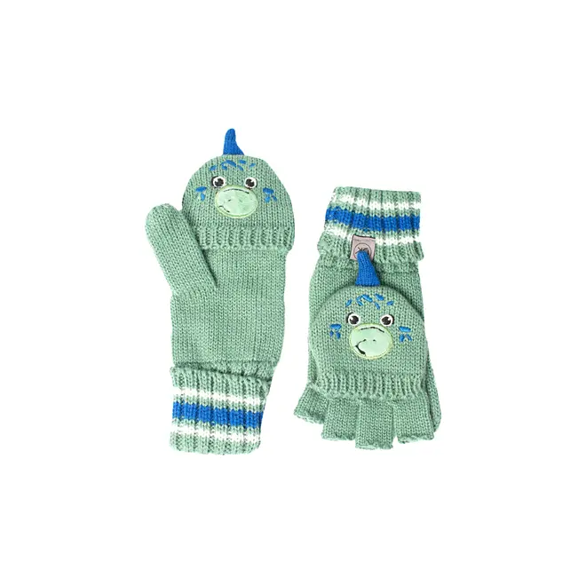 FlapJackKids -Knitted Fingerless Gloves wFlap DinoGreen