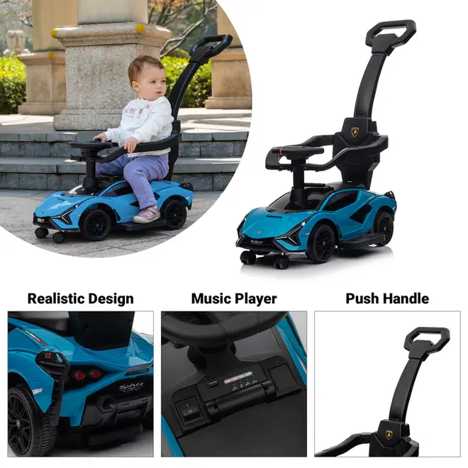 Lamborghini SIAN Push Pedal Ride On Car Baby Walker with Music and Lights, Licensed Blue