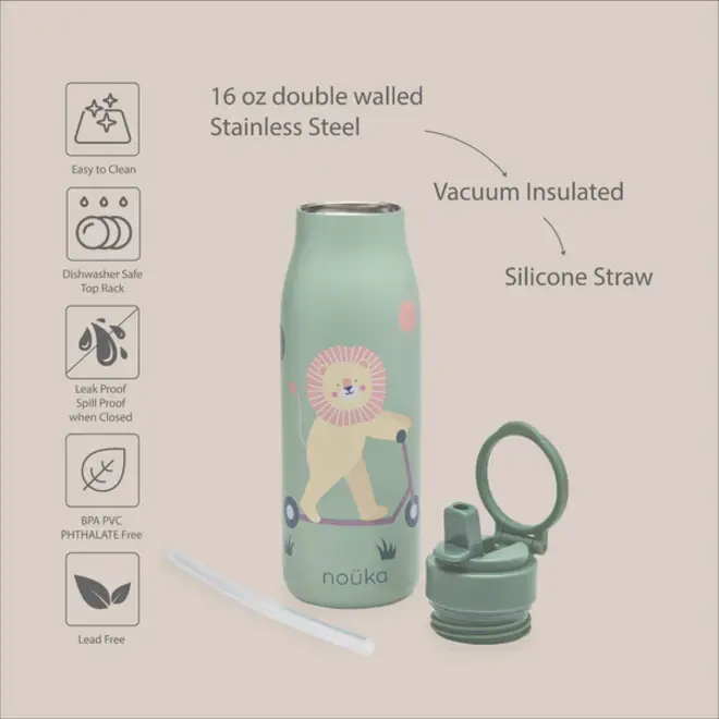 noüka Stainless Steel Drinking Bottle 16 Oz Daisy Collection - Roary The Lion