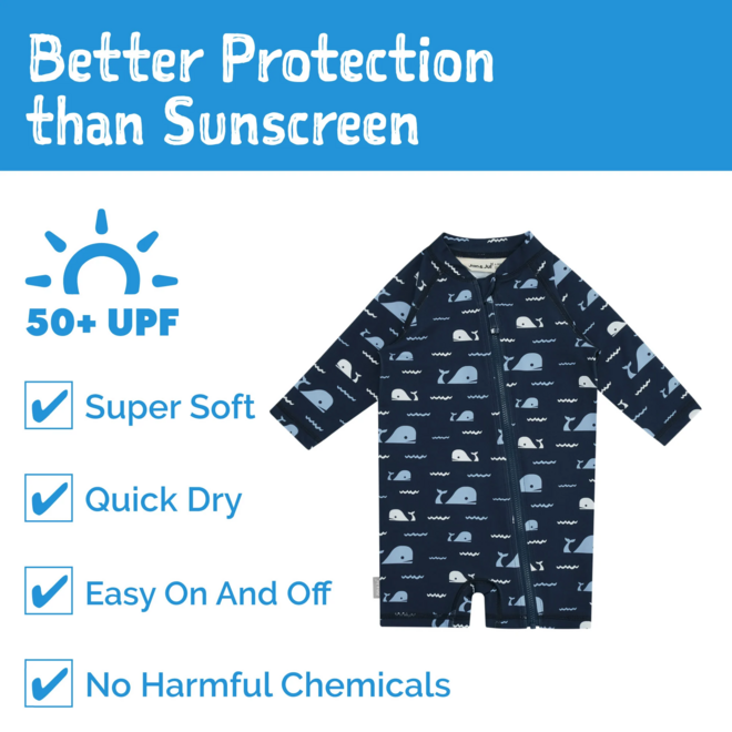 Sun & Splash 1-pc UV Jumpsuit Navy Whale Tales
