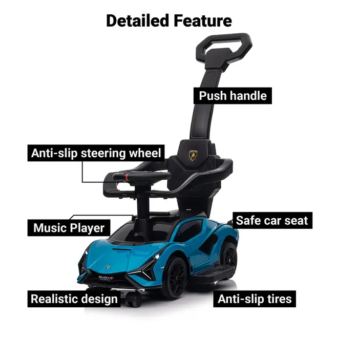 Lamborghini SIAN Push Pedal Ride On Car Baby Walker with Music and Lights, Licensed Blue