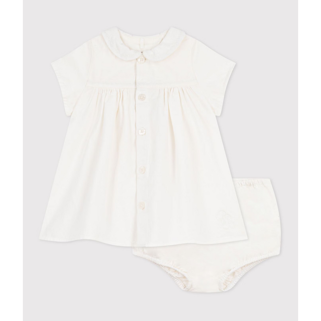 Cotton/linen baby dress with matching bloomers, with embroidered detail