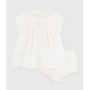 Cotton/linen baby dress with matching bloomers, with embroidered detail