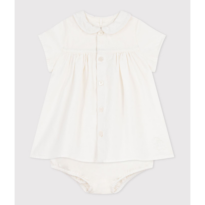 Cotton/linen baby dress with matching bloomers, with embroidered detail