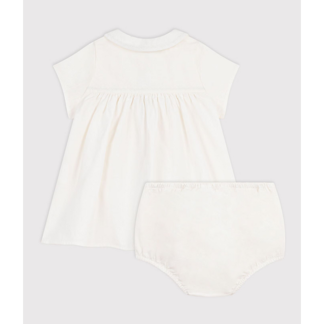 Cotton/linen baby dress with matching bloomers, with embroidered detail