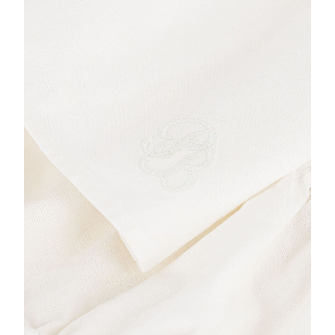 Cotton/linen baby dress with matching bloomers, with embroidered detail