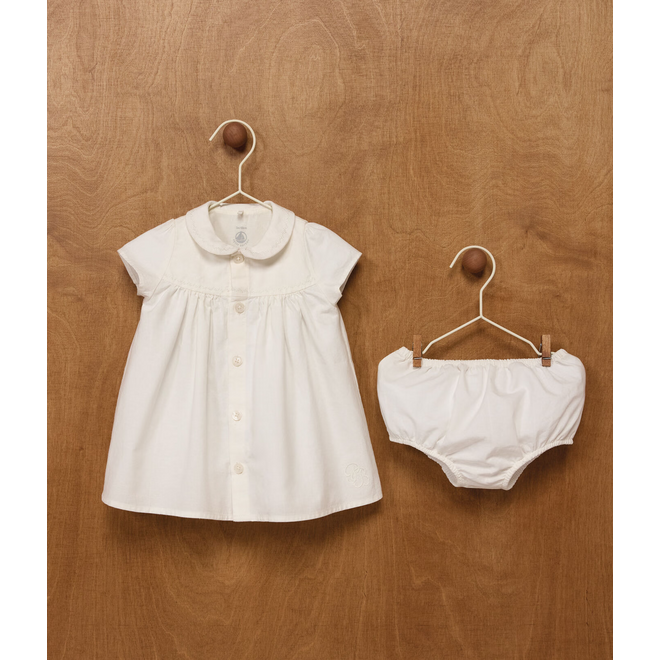 Cotton/linen baby dress with matching bloomers, with embroidered detail