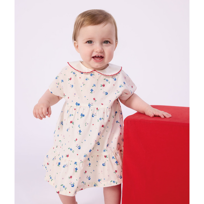Babies' short-sleeved cotton dress and matching bloomers printed with hearts