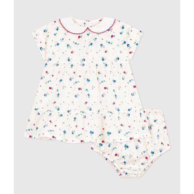 Babies' short-sleeved cotton dress and matching bloomers printed with hearts
