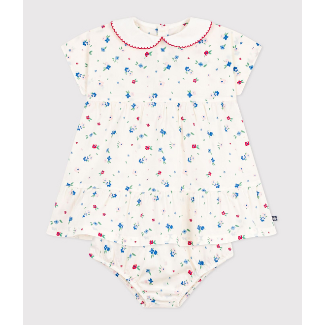Babies' short-sleeved cotton dress and matching bloomers printed with hearts