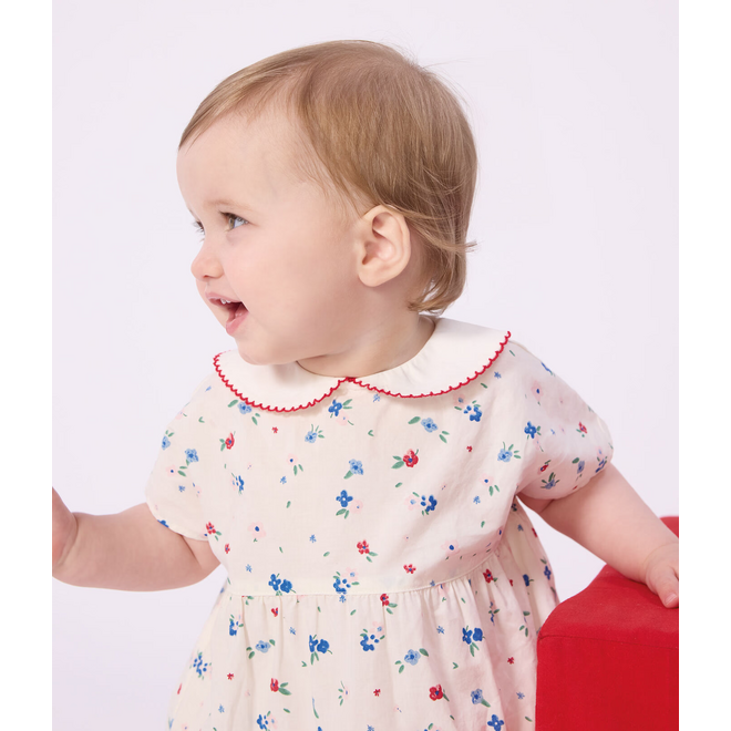 Babies' short-sleeved cotton dress and matching bloomers printed with hearts