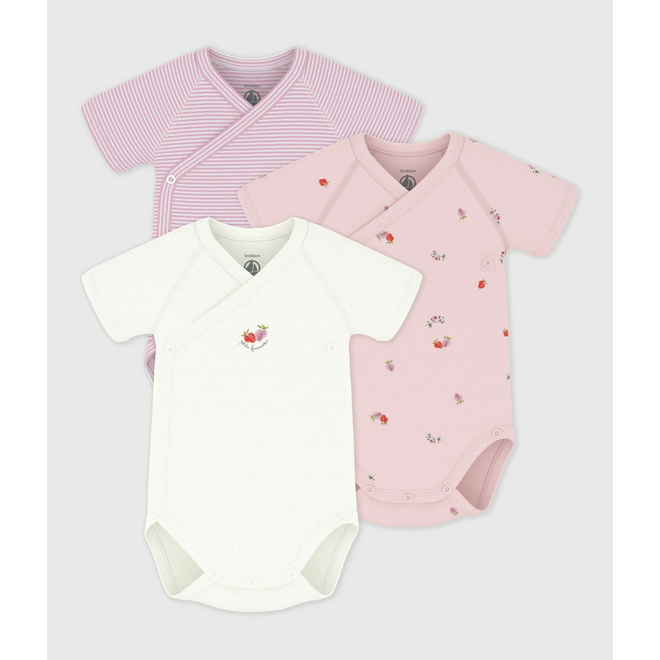 Pack of babies' short-sleeved printed cotton wrapover bodies Pink Flower