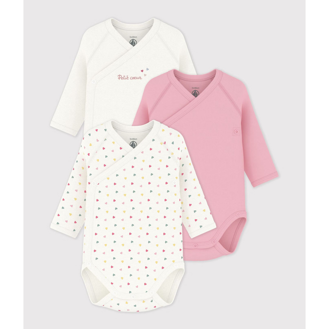 Pack of babies' long-sleeved printed cotton wrapover bodies Multicolor Hearts