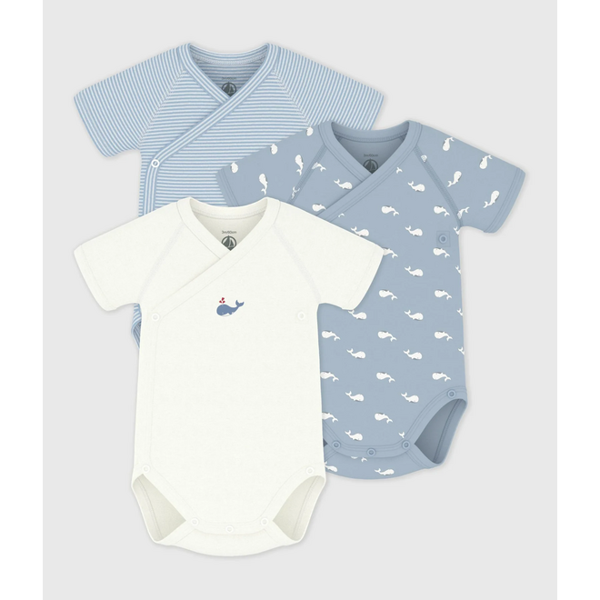 Pack of babies' short-sleeved printed cotton wrapover bodies Whale