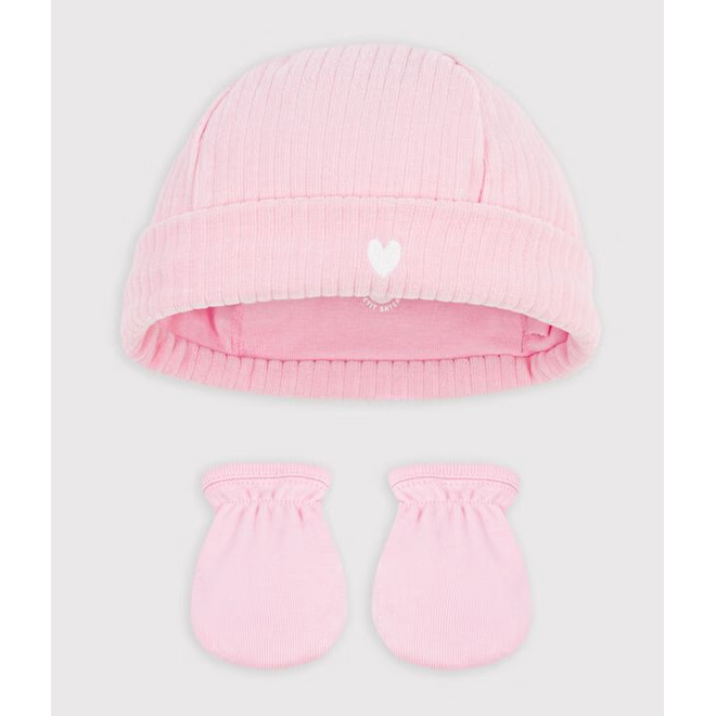 Babies' cotton beanie and mittens set Pink