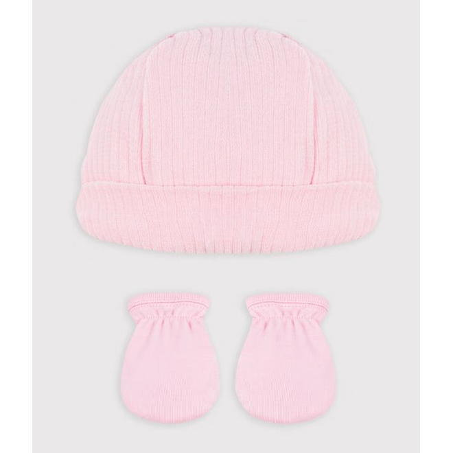 Babies' cotton beanie and mittens set Pink