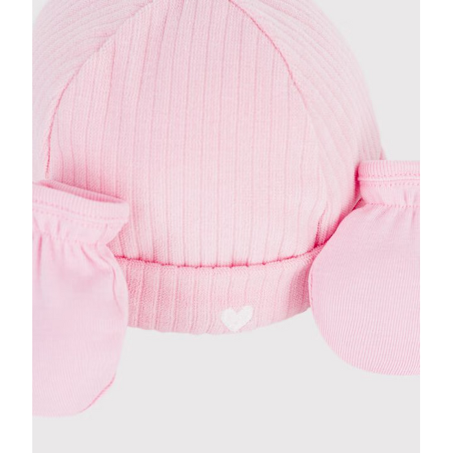Babies' cotton beanie and mittens set Pink