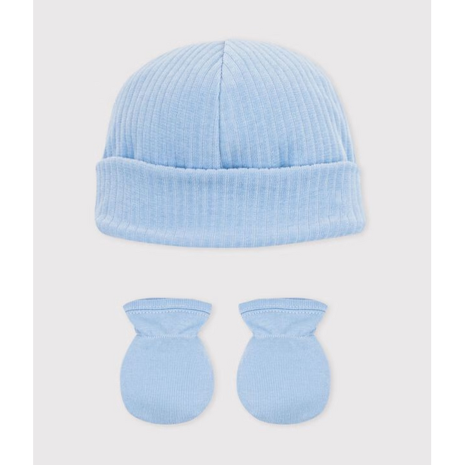 Babies' cotton beanie and mittens set Blue