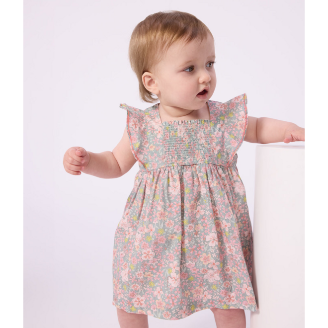 Babies' short-sleeved cotton dress and matching bloomers printed with hearts