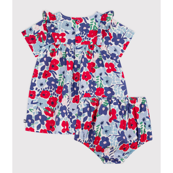 Babies' short-sleeved cotton dress and matching bloomers printed with flowers