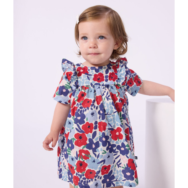 Babies' short-sleeved cotton dress and matching bloomers printed with flowers