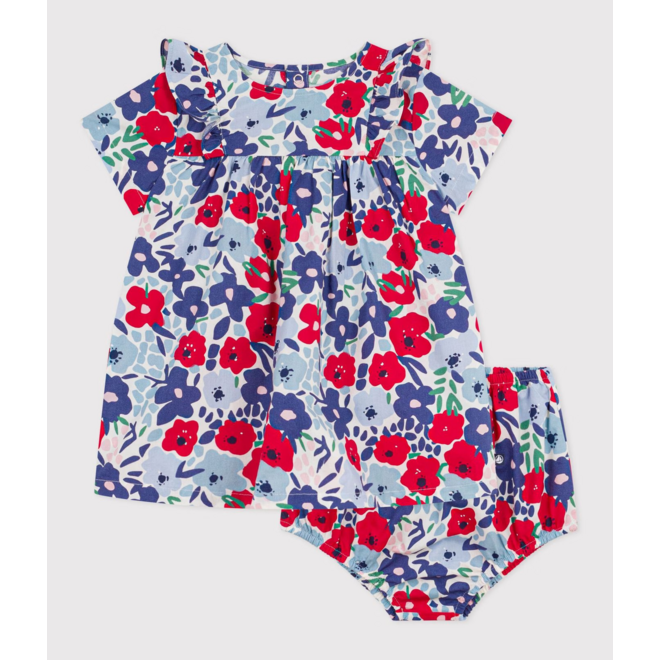 Babies' short-sleeved cotton dress and matching bloomers printed with  flowers