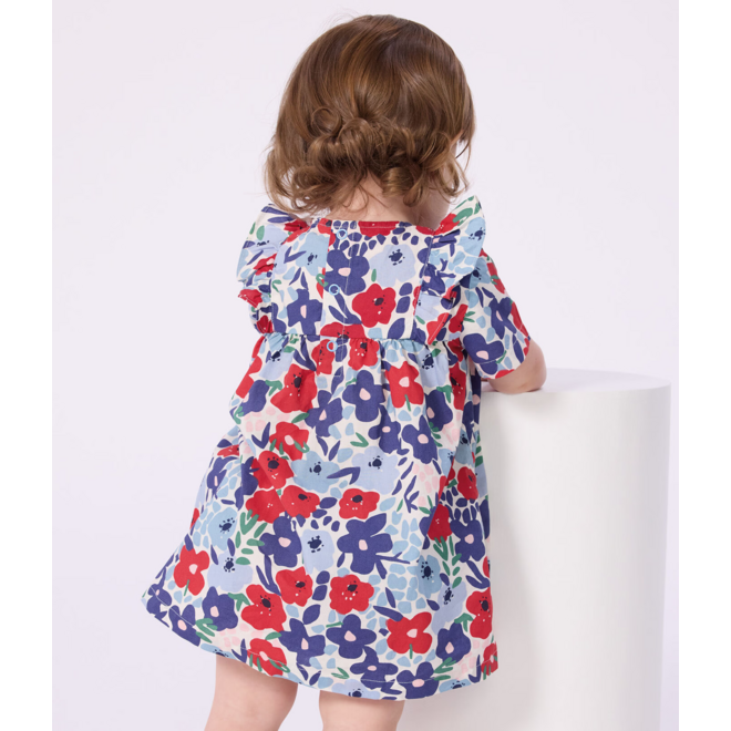 Babies' short-sleeved cotton dress and matching bloomers printed with flowers