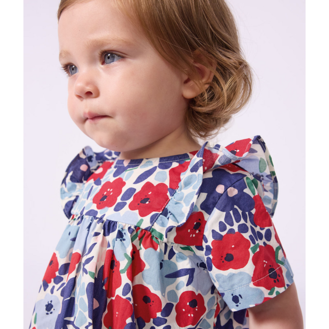 Babies' short-sleeved cotton dress and matching bloomers printed with flowers