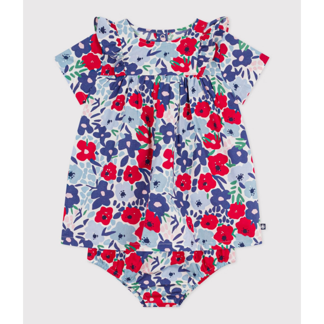 Babies' short-sleeved cotton dress and matching bloomers printed with flowers