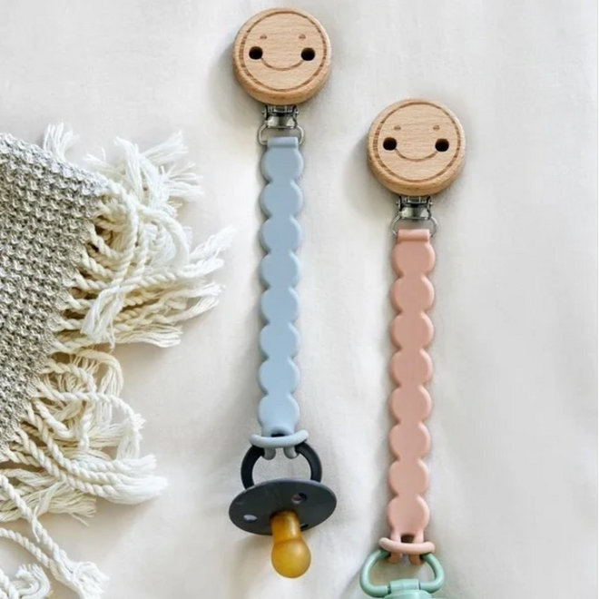 Lassig - Soother Holder Wood/Silicone Tiny Smile powder blue