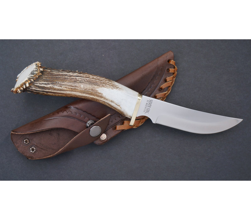 ME2010--Silver Stag, Mountain Edge w/ Crown Handle and D2 Tool Steel Blade w/ Leather Sheath