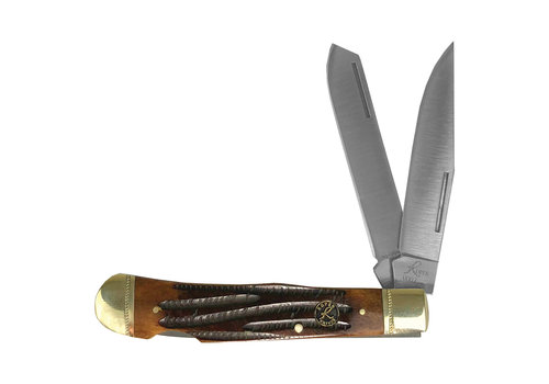 ABKT - American Buffalo Knife & Tool ABKT Roper Series  Double Action Lockback Trapper- Brown Jigged Bone,  1065 Carbon Steel