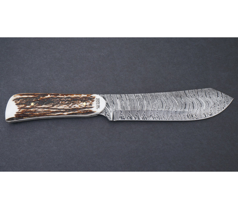 Silver Stag  Happy Camper, Damascus Steel,  Antler Handle