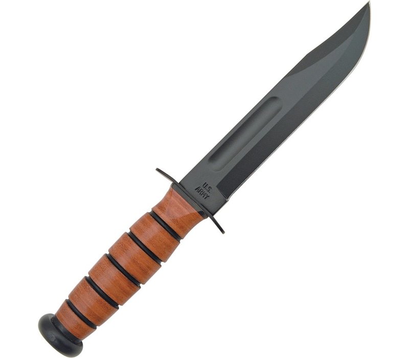 Ka-Bar, US Army Fighting Knife, 1095 Carbon, Stacked Leather Handle, Black GRN belt sheath