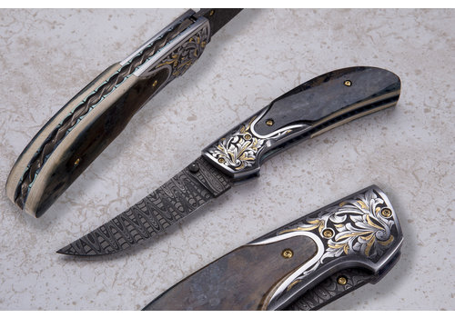 Johnny Stout Custom Knife The Compadre, Mammoth Ivory Handle with Damascus Blade