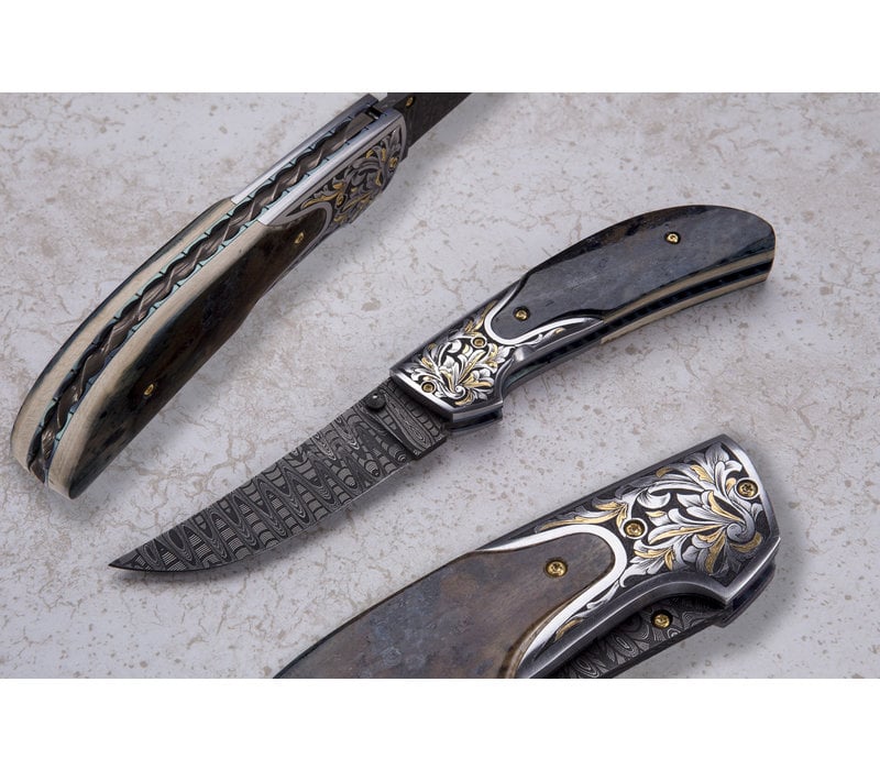 Johnny Stout Custom Knife The Compadre, Mammoth Ivory Handle with Damascus Blade