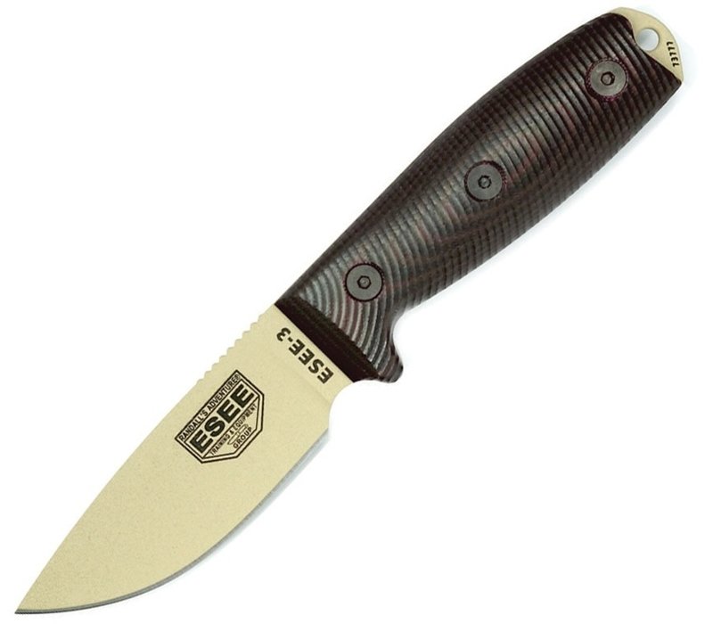 ESEE Model 3 3D Fixed Blade- Desert Tan 1095 Carbon Steel Blade, Blood Black G10 Handle