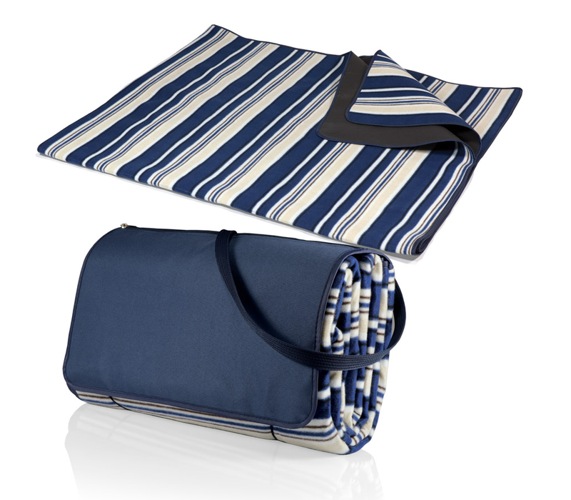Picnic Time, Blanket Tote XL Outdoor Picnic Blanket, (Blue Stripe Pattern with Navy Flap)