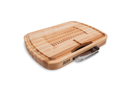 John Boos John Boos, Maple Ultimate Carving Board with Sloped Juice Groove, Stabilizing Design, Stainless Steel Pan
