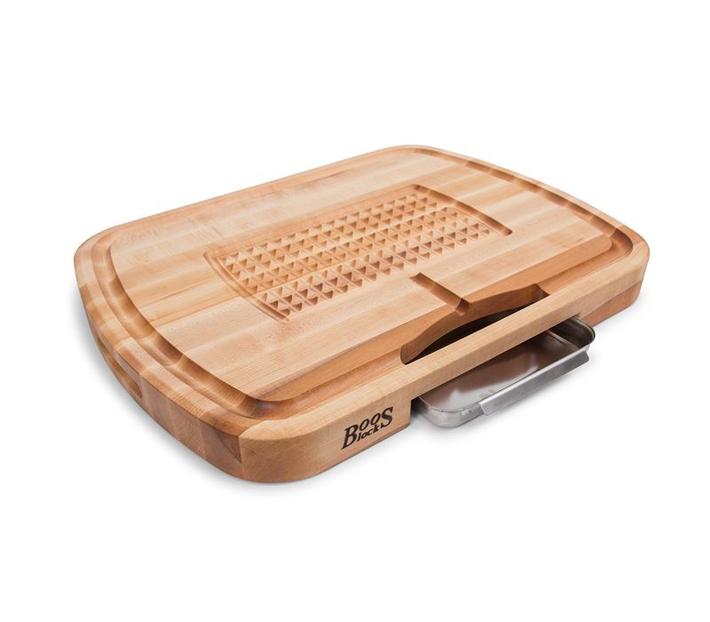 John Boos, Maple Ultimate Carving Board with Sloped Juice Groove, Stabilizing Design, Stainless Steel Pan