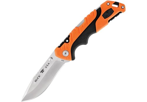 Buck Buck, Pursuit Pro Lockback w/ a satin finish S35VN Powder Steel drop point blade. Black and orange glass filled nylon handle.