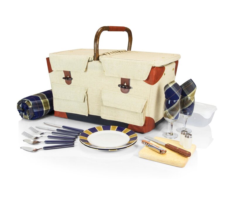 Picnic Time, Pioneer Picnic Basket, Beige Canvas with Navy Blue & Brown Accents