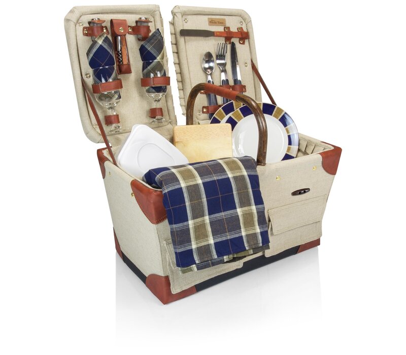 Picnic Time, Pioneer Picnic Basket, Beige Canvas with Navy Blue & Brown Accents
